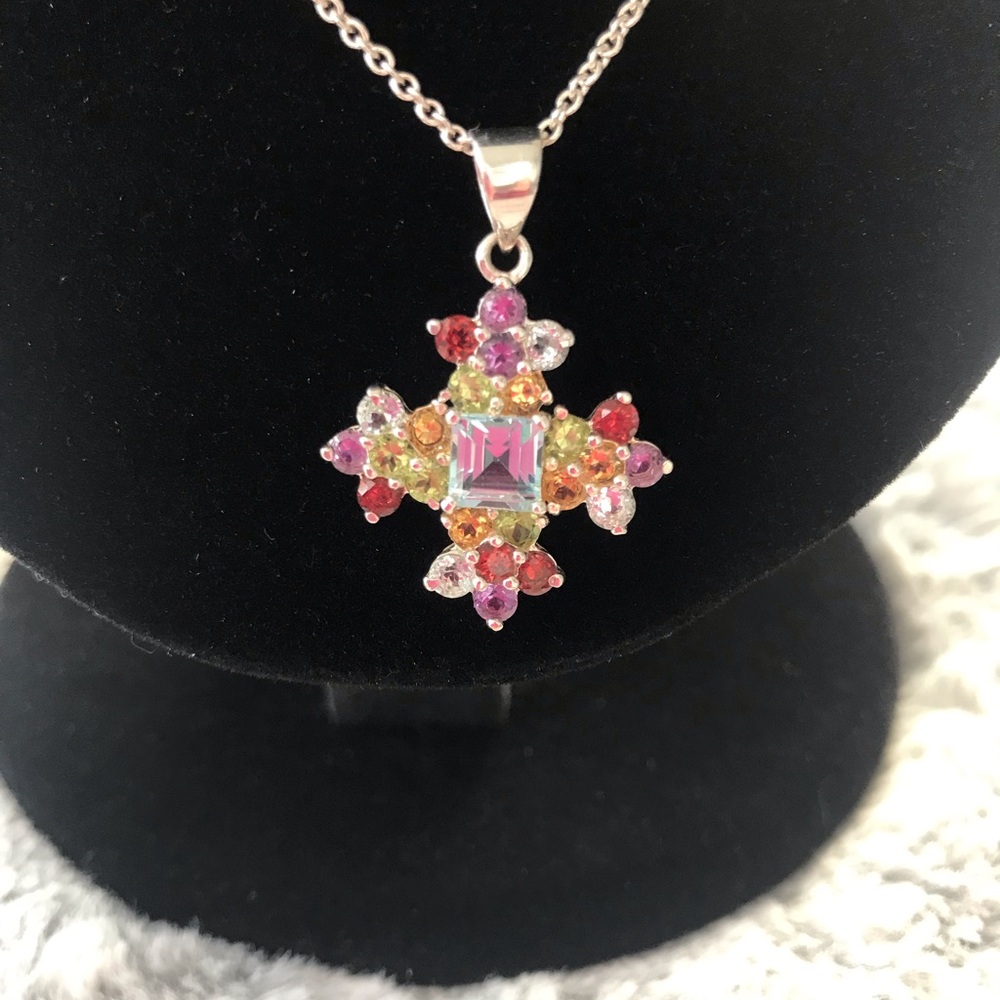 Topaz & multi gem sterling silver cross pendant